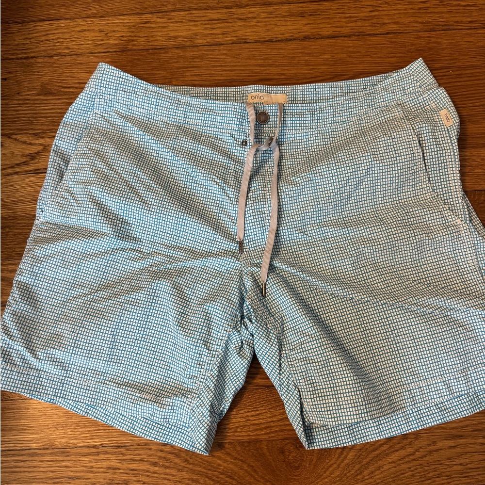 Men’s Aqua and White Checkered Swim Trunks by Onia, size 36